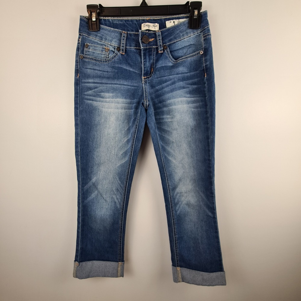 Indigo Rein Womens Size 1 Medium Wash Cuffed Capri Jeans Blue Denim Mid Rise
